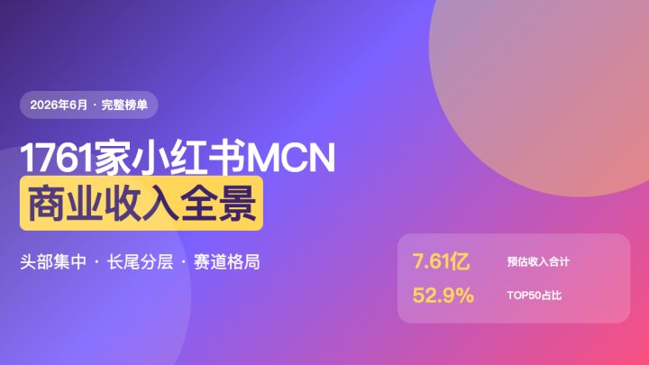 2026年6月小红书MCN商业收入完整榜：1761家机构，TOP50拿走53%